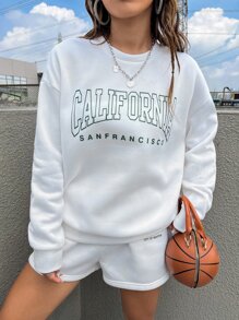 SHEIN Unity Áo nỉ tay rớt giữ nhiệt in chữ, không kèm quần short, thích hợp cho lễ tốt nghiệp, giáo viên, tựu trường mùa thu. - trắng - Xem 6