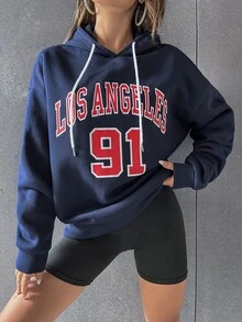 SHEIN Unity Capucha con estampado de letra de hombros caídos con cordón - Azul Marino - Ver 4