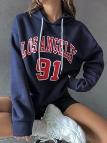 SHEIN Unity Capucha con estampado de letra de hombros caídos con cordón - Azul Marino - Ver 5