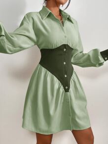 SHEIN Essnce Đầm Nút phía trước Khối Màu Giải trí - màu xanh lá - Xem 3