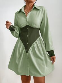SHEIN Essnce Đầm Nút phía trước Khối Màu Giải trí - màu xanh lá - Xem 4