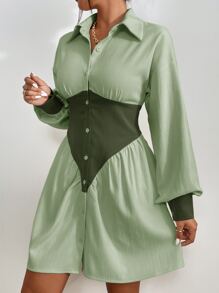 SHEIN Essnce Đầm Nút phía trước Khối Màu Giải trí - màu xanh lá - Xem 5