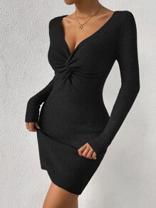 SHEIN Privé Twist Front Ribbed Knit Sweater Dress - Black - View 5