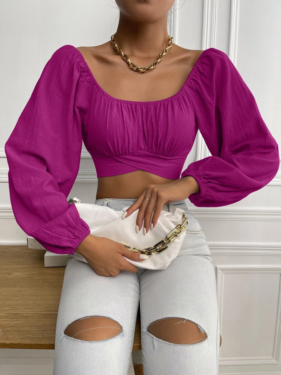 Pariaura Ruched Knot Back Crop Blouse,Long Sleeve Tops Fall Cloth For Women - Red Violet - View 1