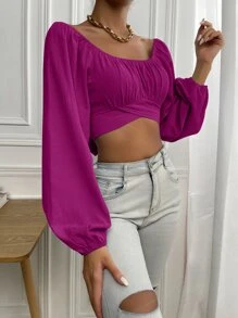 Pariaura Ruched Knot Back Crop Blouse,Long Sleeve Tops Fall Cloth For Women - Red Violet - View 3
