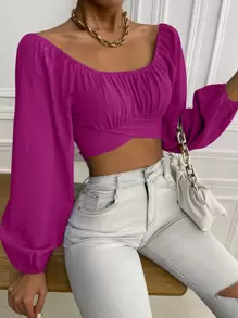 Pariaura Ruched Knot Back Crop Blouse,Long Sleeve Tops Fall Cloth For Women - Red Violet - View 5