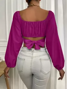 Pariaura Ruched Knot Back Crop Blouse,Long Sleeve Tops Fall Cloth For Women - Red Violet - View 6