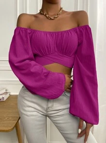 Pariaura Ruched Knot Back Crop Blouse,Long Sleeve Tops Fall Cloth For Women - Red Violet - View 7