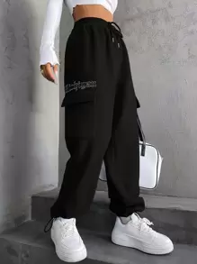 SHEIN Unity Letter Graphic Flap Pocket Side Drawstring Waist Joggers - Black - View 1