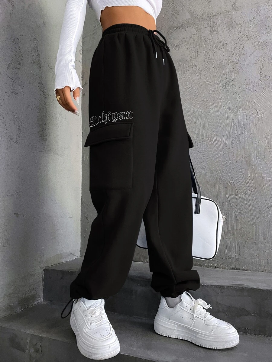 SHEIN Unity Letter Graphic Flap Pocket Side Drawstring Waist Joggers - Black - View 1