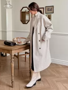 DAZY Drop Shoulder Double Breasted Overcoat Women Jacket,Fall Women Clothes - Apricot - View 6