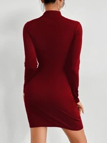 Chiquease Mock Neck Cut Out Bodycon Dress Burgundy Color Women Outfit - Burgundy - View 2