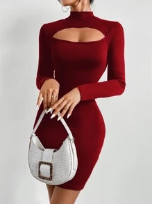 Chiquease Mock Neck Cut Out Bodycon Dress Burgundy Color Women Outfit - Burgundy - View 4