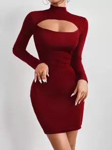 Chiquease Mock Neck Cut Out Bodycon Dress Burgundy Color Women Outfit - Burgundy - View 5