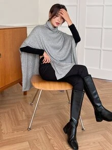 DAZY Abrigo capa cuello vuelto bajo asimétrico - Gris - Ver 6