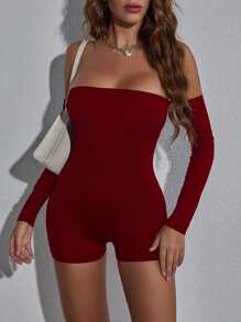 Chiquease Off Shoulder Ribbed Knit Unitard Romper - Burgundy - View 5