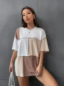 SHEIN Unity Áo thun oversize khâu nhiều màu Áo thun họa tiết cho nữ - Nhiều màu - Xem 5