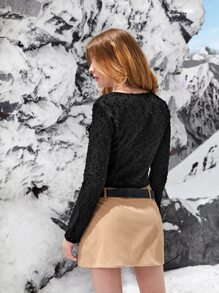 SHEINNeu Ruffle Trim Asymmetrical Hem Sequin Detail Crop Tee - Black - View 6