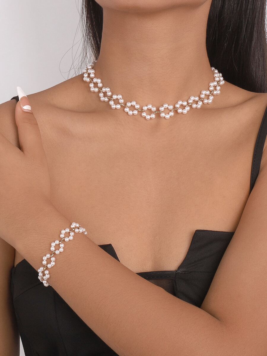 仿珍珠串珠項鏈和手鏈 - 金黃色 - 查看 1