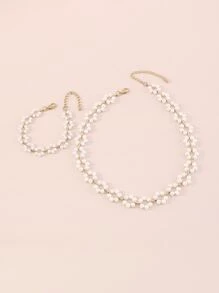 仿珍珠串珠項鏈和手鏈 - 金黃色 - 查看 2