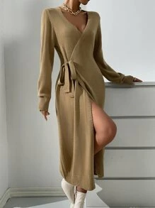 SHEIN Privé Wrap Knot Side Jumper Dress - Mocha Brown - View 1