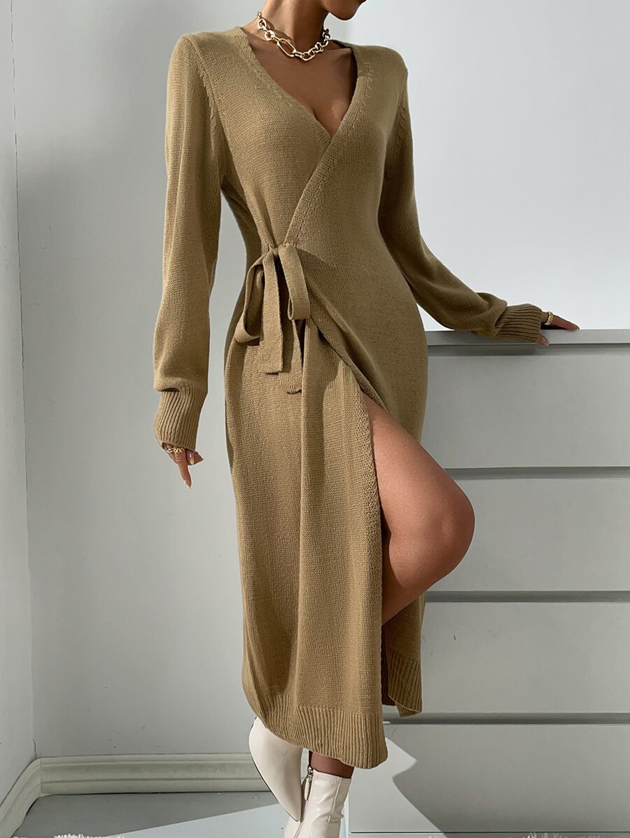 SHEIN Privé Wrap Knot Side Jumper Dress - Mocha Brown - View 1