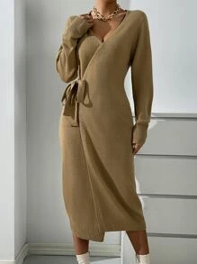 SHEIN Privé Wrap Knot Side Jumper Dress - Mocha Brown - View 4