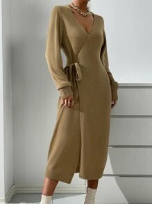SHEIN Privé Wrap Knot Side Jumper Dress - Mocha Brown - View 6