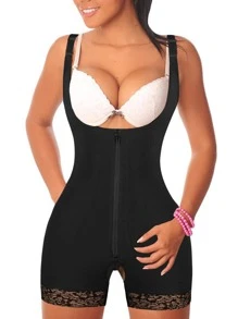 Zipper Front Shapewear Bodysuit - Black - View 1