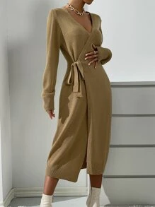 SHEIN Privé Wrap Knot Side Jumper Dress - Mocha Brown - View 7