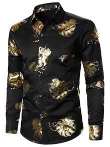 Hombres Camisa estampado dorado - Negro - Ver 1