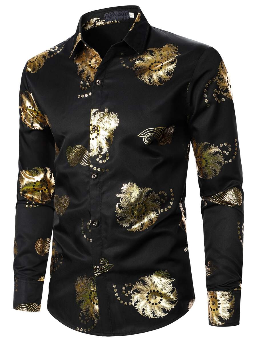 Hombres Camisa estampado dorado - Negro - Ver 1