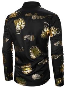 Hombres Camisa estampado dorado - Negro - Ver 2