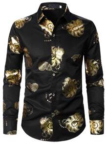 Hombres Camisa estampado dorado - Negro - Ver 3