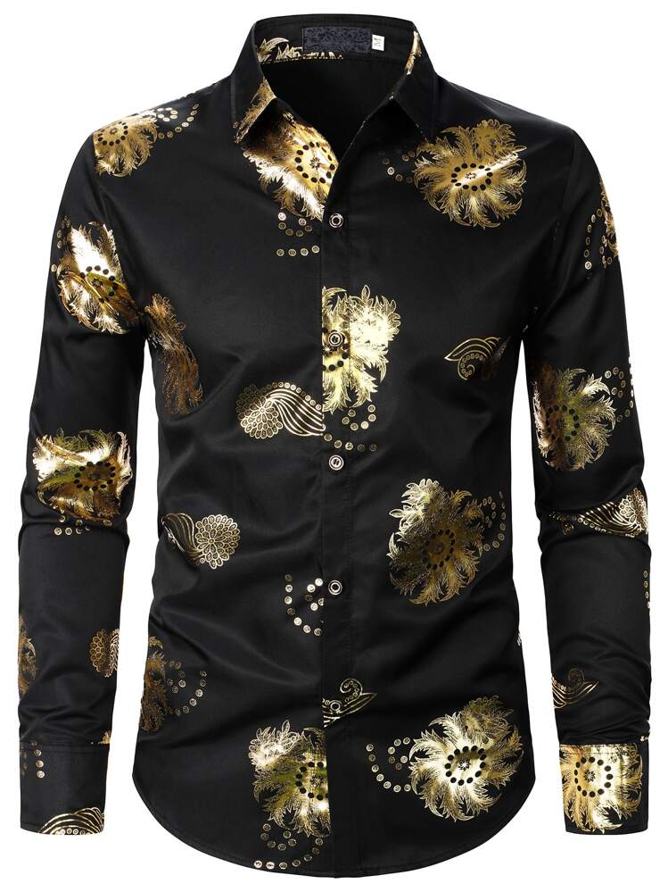gold and black dress shirt Black Golden Floral Silk Men Long Sleeve Shirt