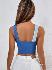 SHEIN Essnce Two Tone Twist Front Crop Tank Top Graphic Tees Women Tops - Blue - View 2