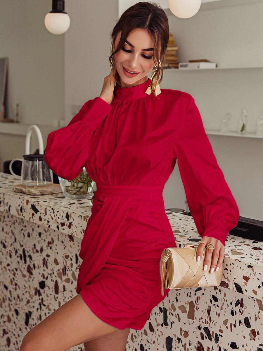 Glamaker Vestido de cuello alto de manga farol fruncido - Rojo - Ver 1
