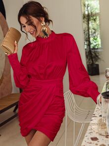 Glamaker Vestido de cuello alto de manga farol fruncido - Rojo - Ver 3