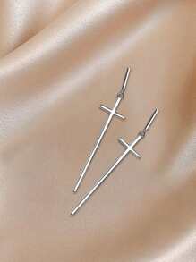 Pendientes largos con diseño de cruz - Plateado - Ver 2