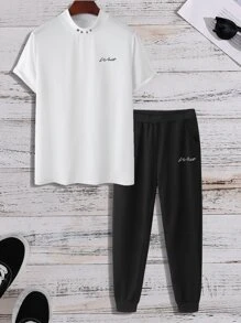 Manfinity Homme Men Letter Graphic Tee & Joggers - Black and White - View 1