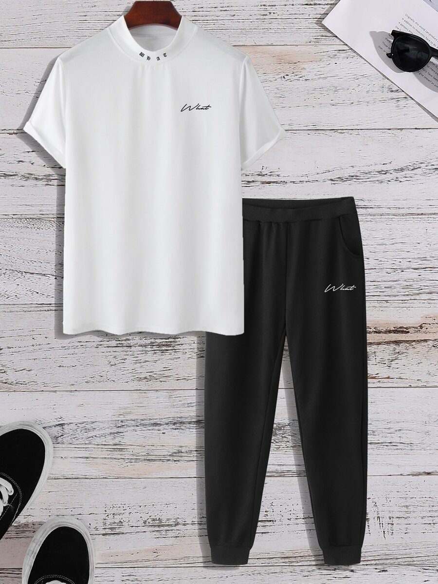 Manfinity Homme Men Letter Graphic Tee & Joggers - Black and White - View 1