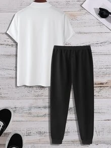 Manfinity Homme Men Letter Graphic Tee & Joggers - Black and White - View 2