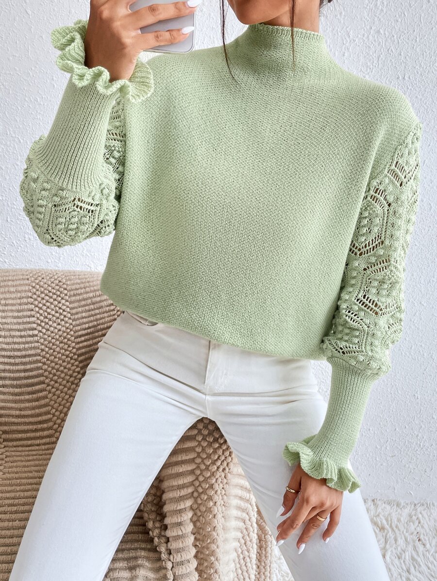 Chiquease High Neck Eyelet Detail Flounce Sleeve Jumper - Lime Green - View 1