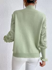 Chiquease High Neck Eyelet Detail Flounce Sleeve Jumper - Lime Green - View 2