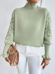 Chiquease High Neck Eyelet Detail Flounce Sleeve Jumper - Lime Green - View 3