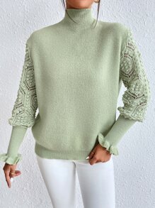 Chiquease High Neck Eyelet Detail Flounce Sleeve Jumper - Lime Green - View 4