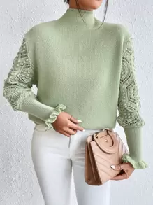 Chiquease High Neck Eyelet Detail Flounce Sleeve Jumper - Lime Green - View 5