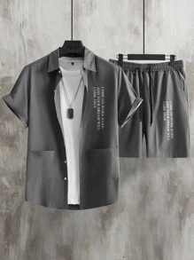 Manfinity Homme Bộ hai mảnh Nam Dây kéo Slogan Giải trí - Màu xám đen - Xem 1