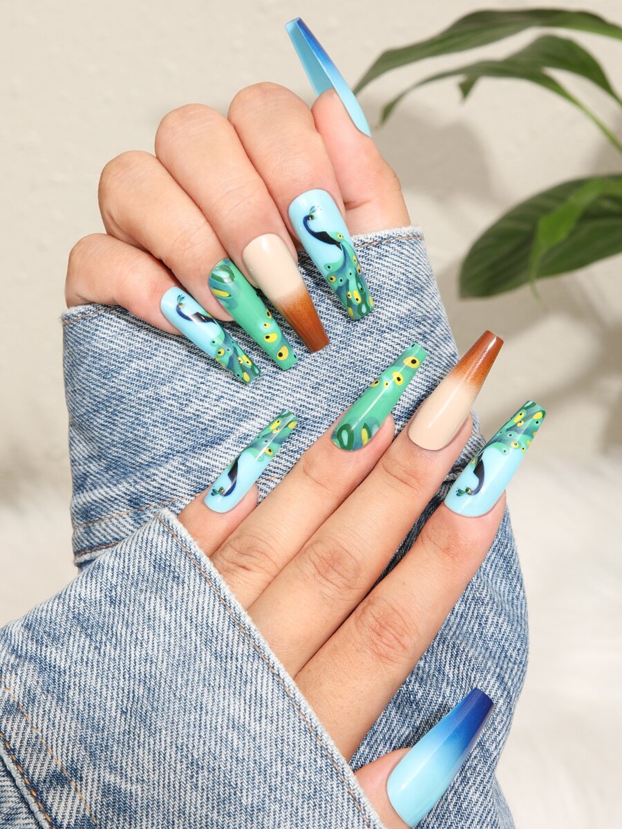 24 piezas Uña postiza largo ataúd con patrón de pavo real & 1 hoja cinta & 1 pieza lima de uña - Multicolor - Ver 1