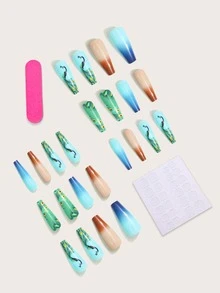 24 piezas Uña postiza largo ataúd con patrón de pavo real & 1 hoja cinta & 1 pieza lima de uña - Multicolor - Ver 2